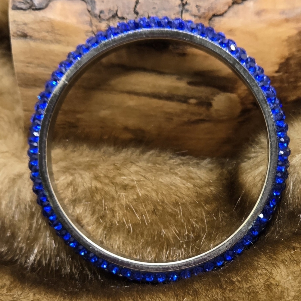 Blue Crystal Encrusted Bangle Silver Tone Base Sz 7.5
